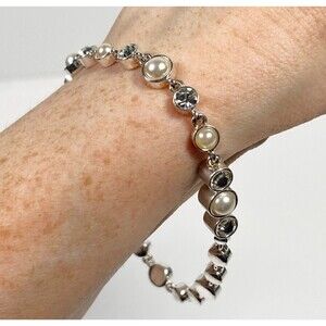 Vtg Tennis Bracelet Simulated Pearl Cabochon Rhinestone Silver Tone Bezel Formal